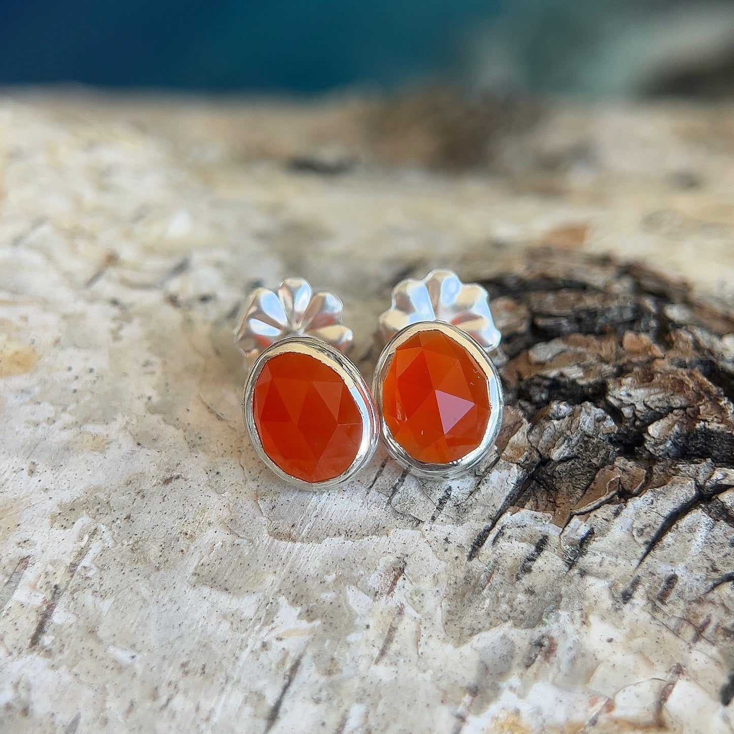 Carnelian Rose Cut Stud Earrings