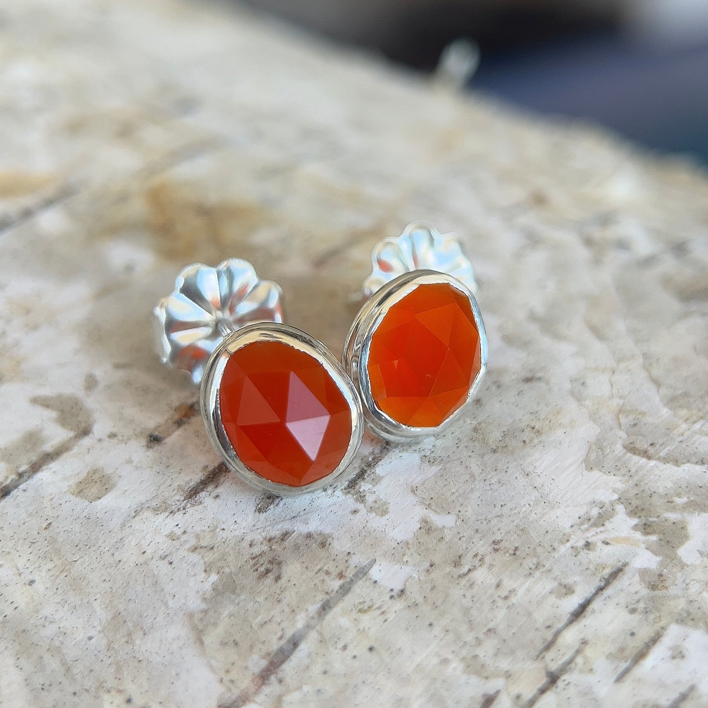 Carnelian Rose Cut Stud Earrings