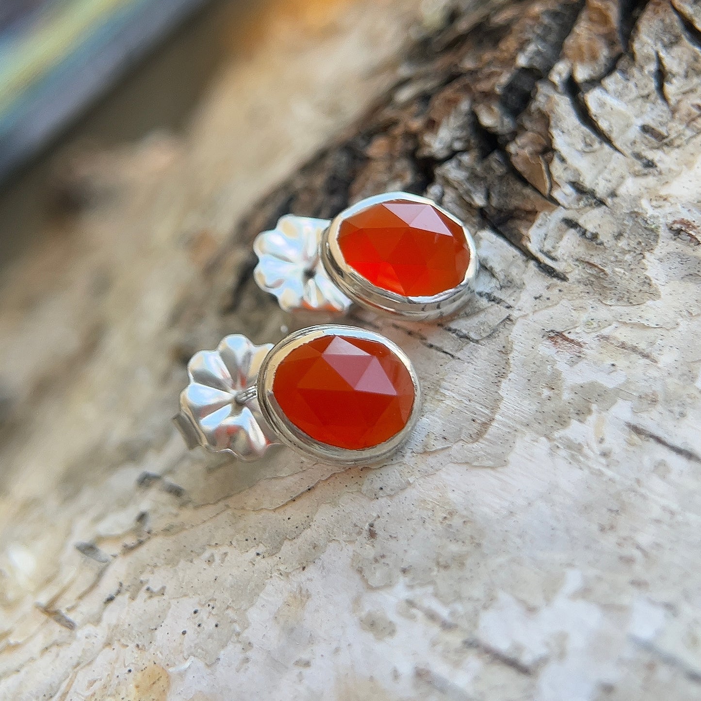 Carnelian Rose Cut Stud Earrings