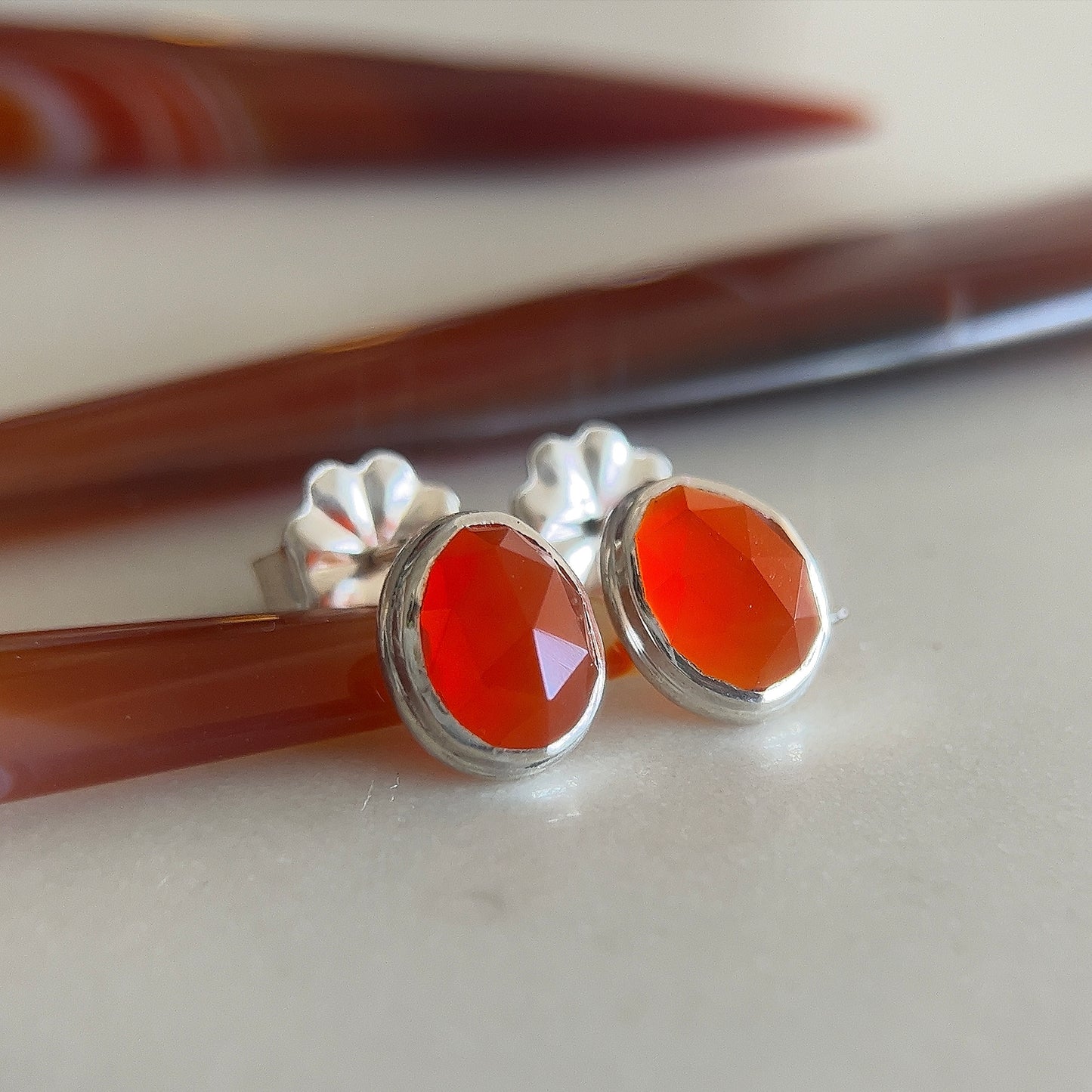 Carnelian Rose Cut Stud Earrings